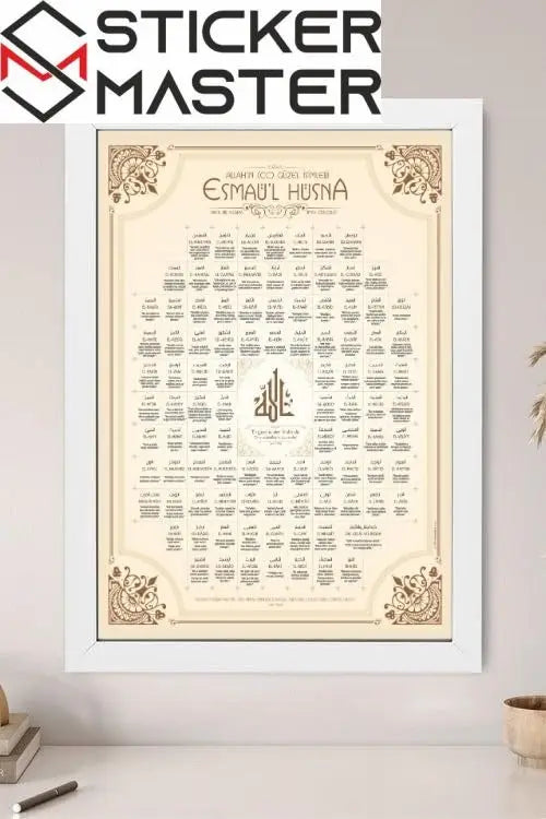 Sticker Master Esmaül Hüsna Çerçeveli 10x15 Cm, 21x30 Cm, 30x40 Cm Poster Tablo | 99 İsim ile Manevi