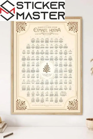 Sticker Master Esmaül Hüsna Çerçeveli 10x15 Cm, 21x30 Cm, 30x40 Cm Poster Tablo | 99 İsim ile Manevi