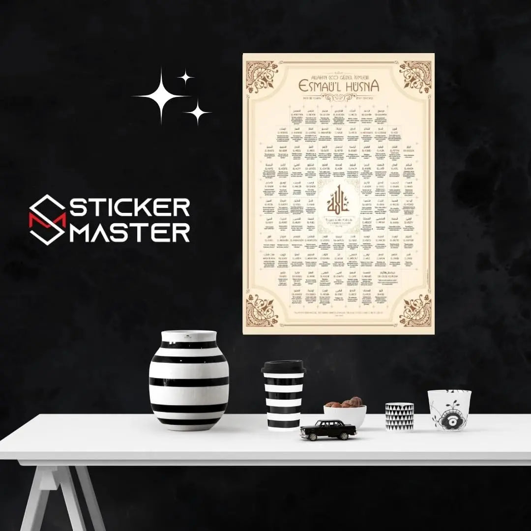 Sticker Master Esmaül Hüsna Çerçeveli 10x15 Cm, 21x30 Cm, 30x40 Cm Poster Tablo | 99 İsim ile Manevi