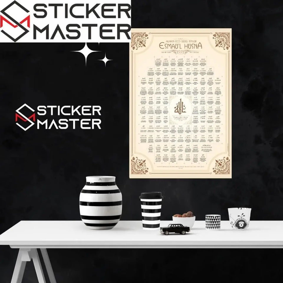 Sticker Master Esmaül Hüsna Çerçeveli 10x15 Cm, 21x30 Cm, 30x40 Cm Poster Tablo | 99 İsim ile Manevi
