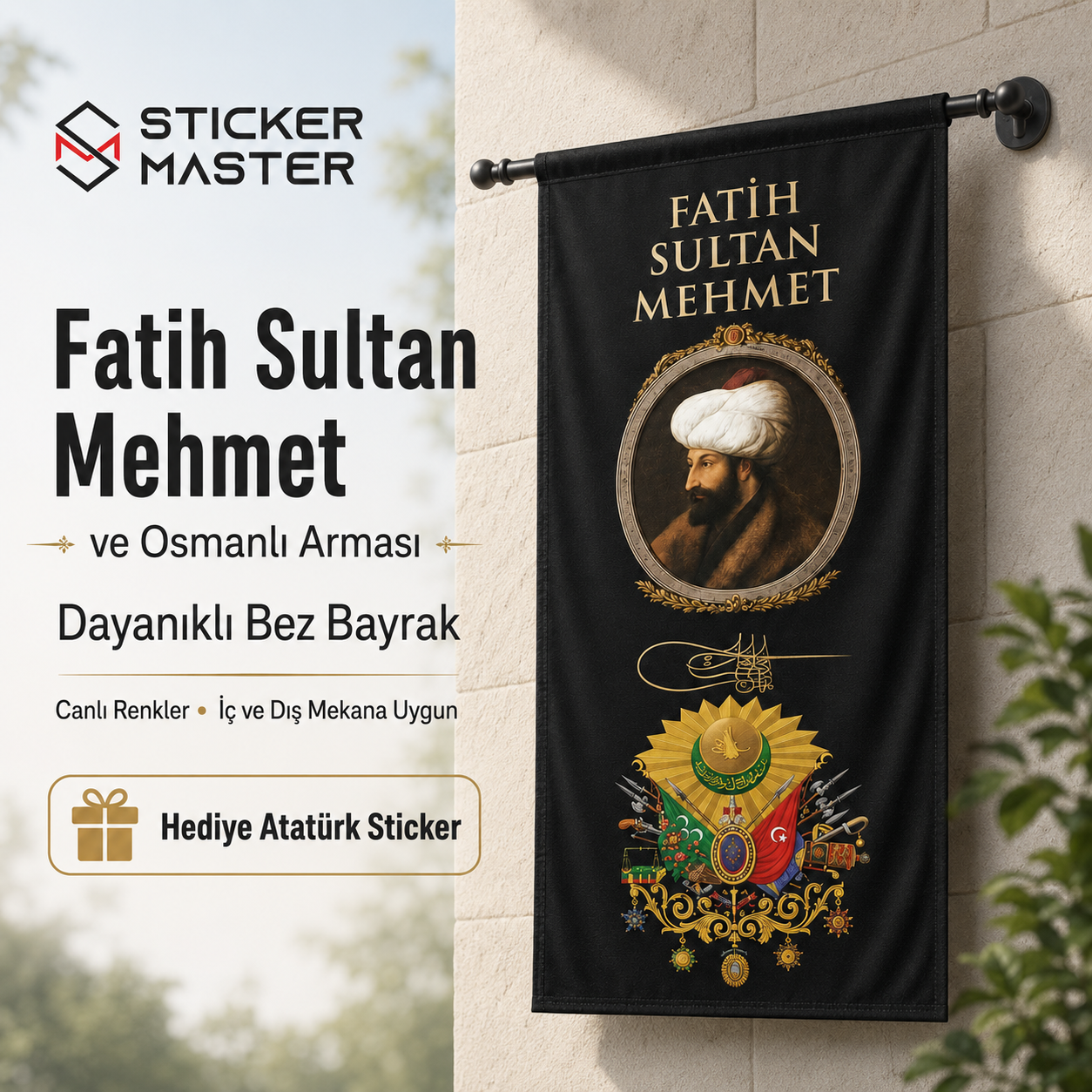 Fatih Sultan Mehmet ve Osmanli Armasi Bez Bayrak | Hediye Ataturk Sticker 2
