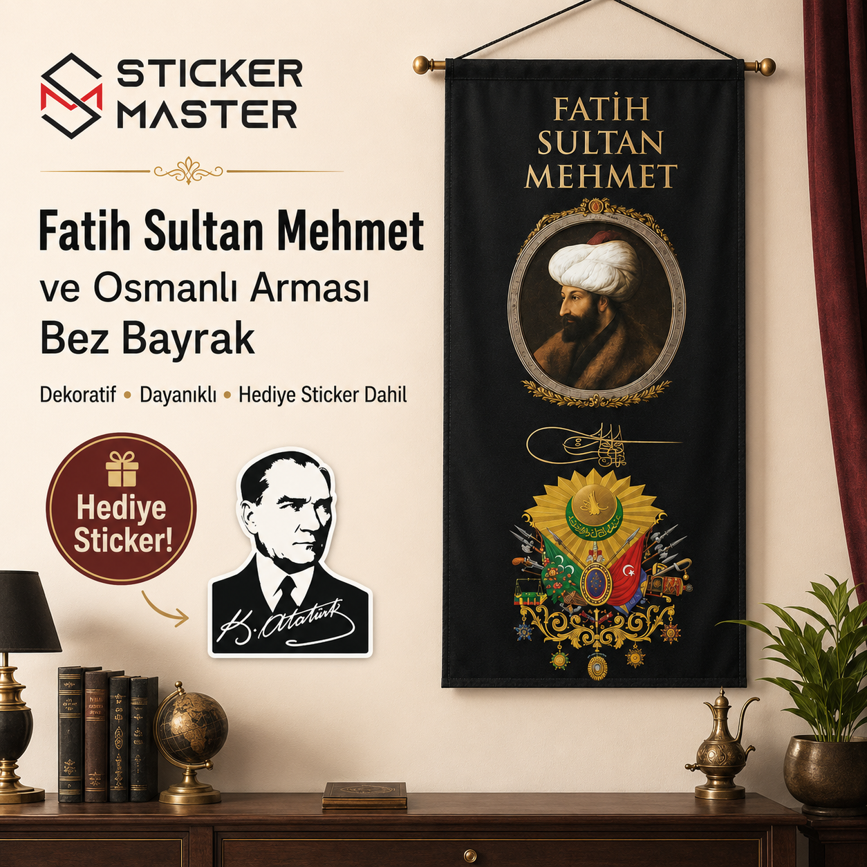 Fatih Sultan Mehmet ve Osmanli Armasi Bez Bayrak | Hediye Ataturk Sticker 3

