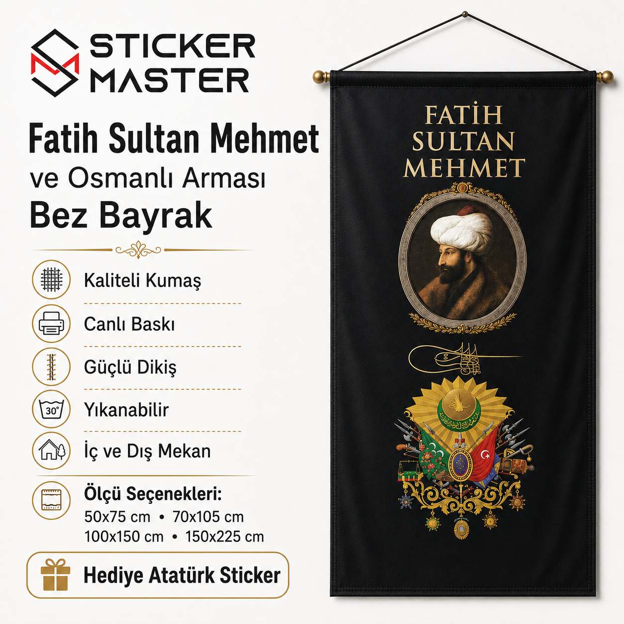 Fatih Sultan Mehmet ve Osmanli Armasi Bez Bayrak | Hediye Ataturk Sticker 4