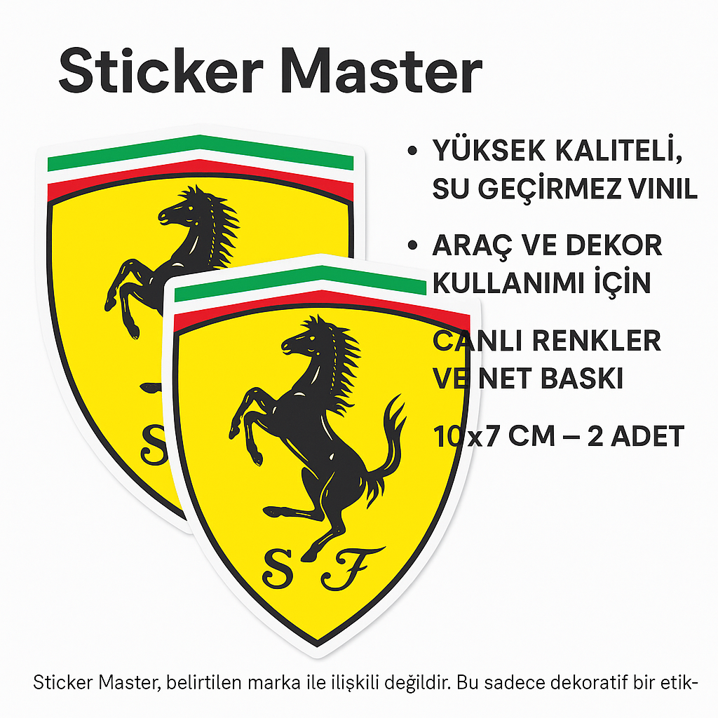 Sticker Master Ferrari Sticker - Dayanıklı Su Geçirmez Vinil Etiket, Araç ve Dekor Kullanımı İçin - 10x7 cm - 2 Adet