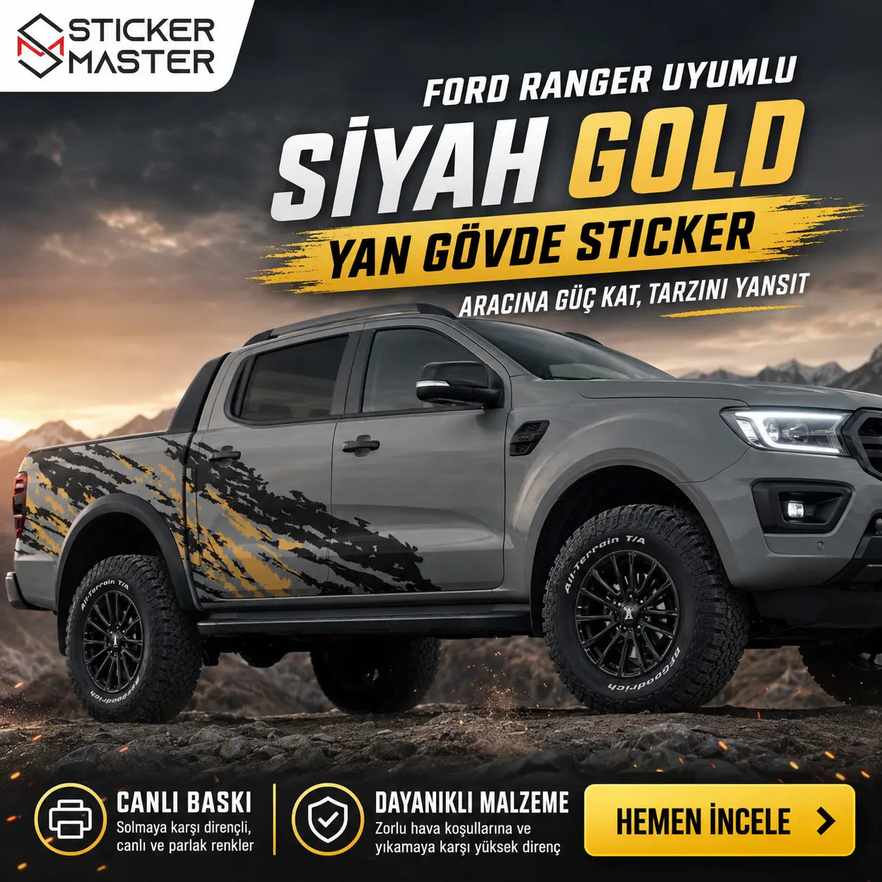 Ford Ranger Uyumlu Siyah Gold Yan Gövde Sticker Seti  ads