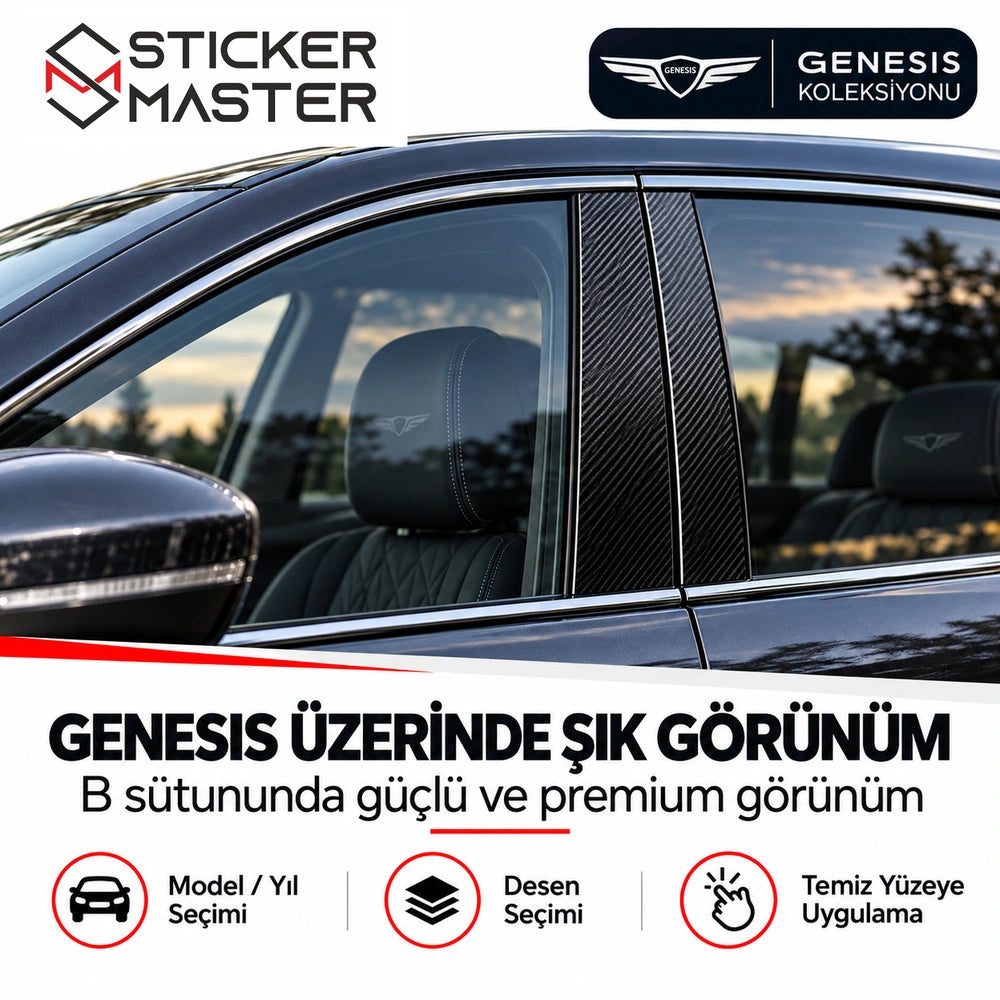 Genesis araç B sütunu karbon görünümlü sticker uygulama örneği