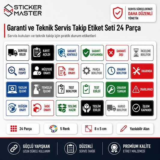 Garanti ve Teknik Servis Takip Etiket Seti 24 Parca icerik