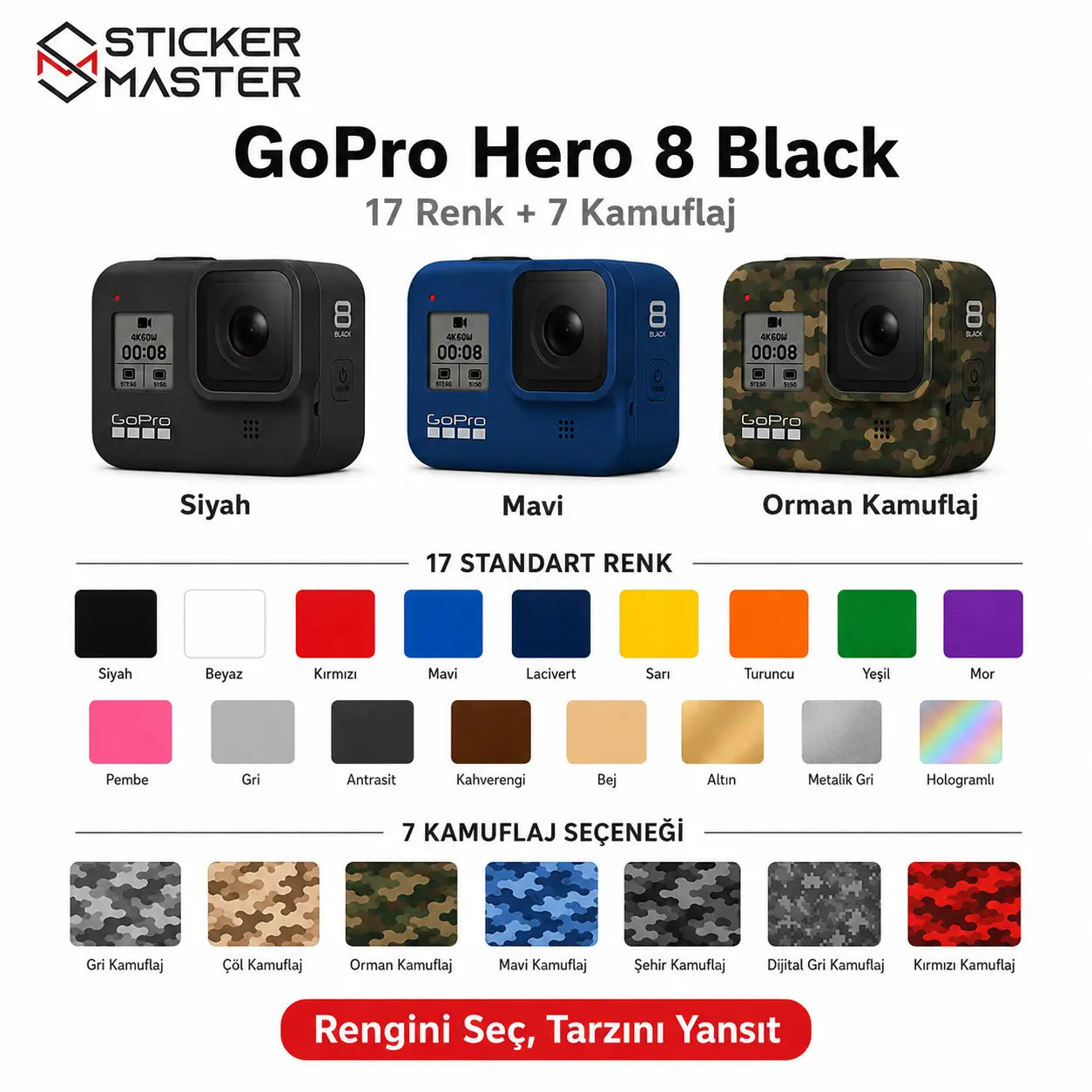 GoPro Hero 8 Black Uyumlu Kamera Sticker Seti renkler