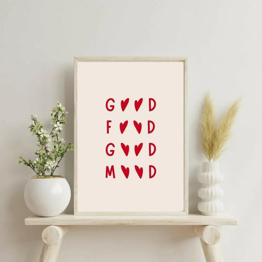 Sticker Master "Good Food, Good Mood" Çerçeveli Poster Tablo (30x42 Cm) | İyi Yemek İyi Ruh Hali Duvar Dekoru | Kırmızı Kalp Desenli | Mutfak, Yemek Odası, Cafe, Ev Ofis İçin Şık Sanat Baskısı - Sticker Master