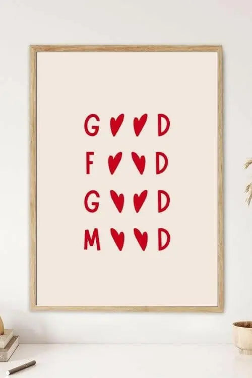 Sticker Master "Good Food, Good Mood" Çerçeveli Poster Tablo (30x42 Cm) | İyi Yemek İyi Ruh Hali Duvar Dekoru | Kırmızı Kalp Desenli | Mutfak, Yemek Odası, Cafe, Ev Ofis İçin Şık Sanat Baskısı - Sticker Master