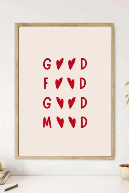 Sticker Master "Good Food, Good Mood" Çerçeveli Poster Tablo (30x42 Cm) | İyi Yemek İyi Ruh Hali Duvar Dekoru | Kırmızı Kalp Desenli | Mutfak, Yemek Odası, Cafe, Ev Ofis İçin Şık Sanat Baskısı - Sticker Master