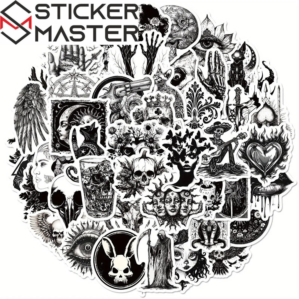 Gotik Sticker Seti (50 Adet) | Siyah Beyaz Punk Dekoru-Sticker Master