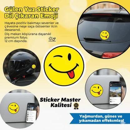 Gülen Yüz Sticker Dil Çıkaran Emoji 12cm | Sticker Master - Sticker Master