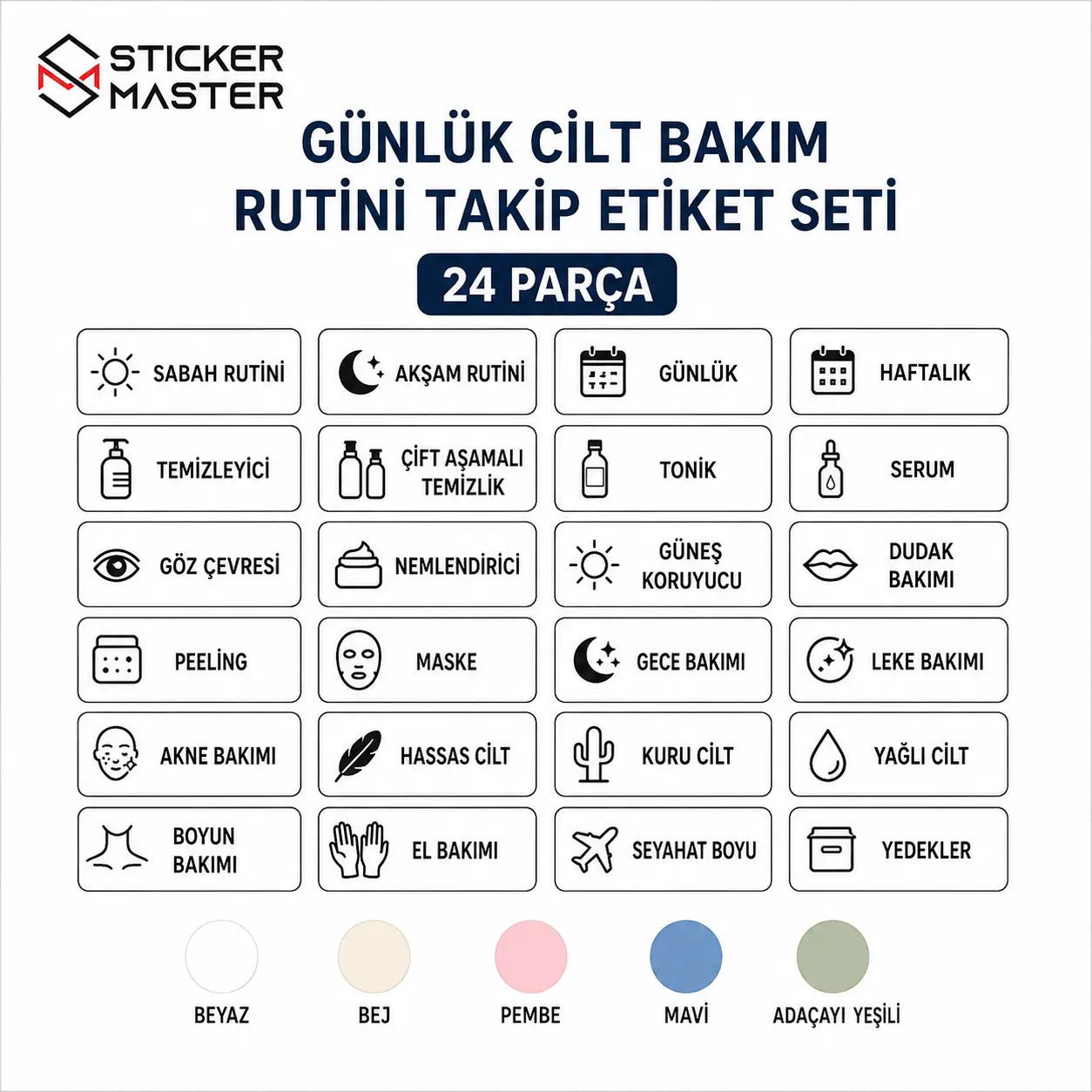 Gunluk Cilt Bakim Rutini Takip Etiket Seti 24 Parca icerik
