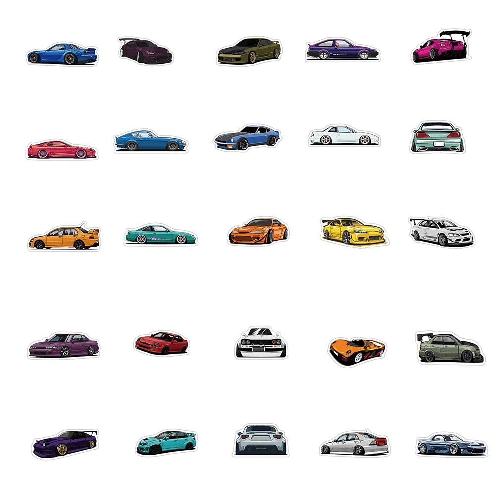 Sticker Master 50 Adet Retrofit Yarış Araba Grafiti Dizüstü Gitar Bagaj Bisiklet Kaykay Sticker Set Motor Oto Araç Çıkartma Etiket