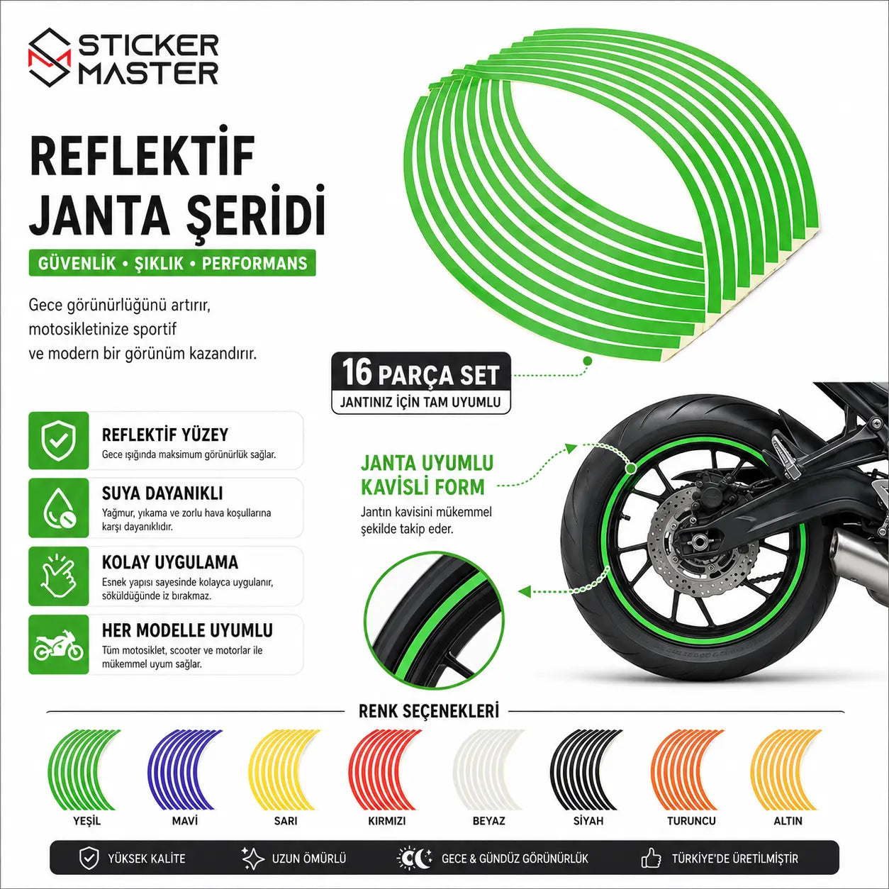 Her Modelle Uyumlu Reflektif Motosiklet Jant Şeridi Seti | Premium Çıkartma detayları