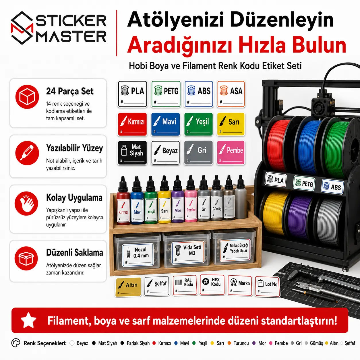 Hobi Boya ve Filament Renk Kodu Etiket Seti
