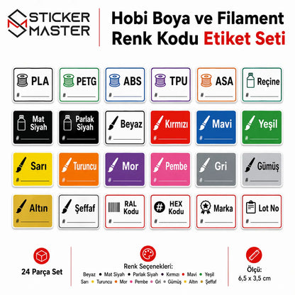 Hobi Boya ve Filament Renk Kodu Etiket Seti detay
