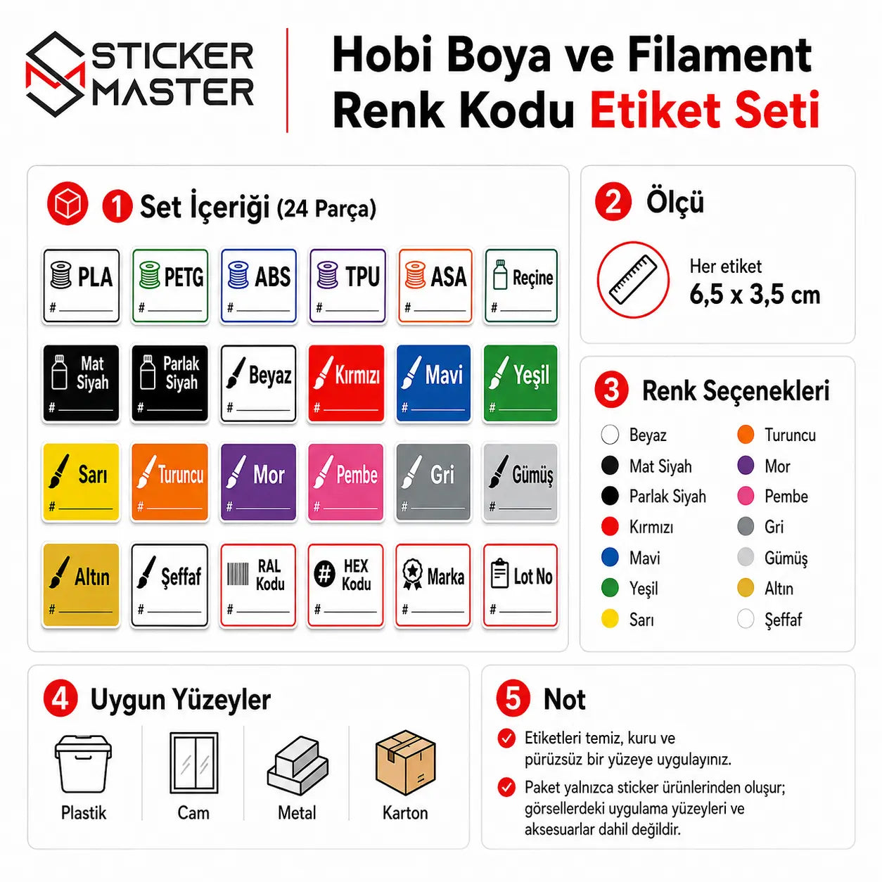 Hobi Boya ve Filament Renk Kodu Etiket Seti içerik