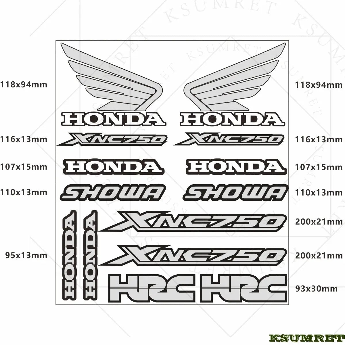 Honda NC750X Sticker Seti | HRC, Showa ve Kanat Logolu Full Grenaj Kiti Sticker Master
