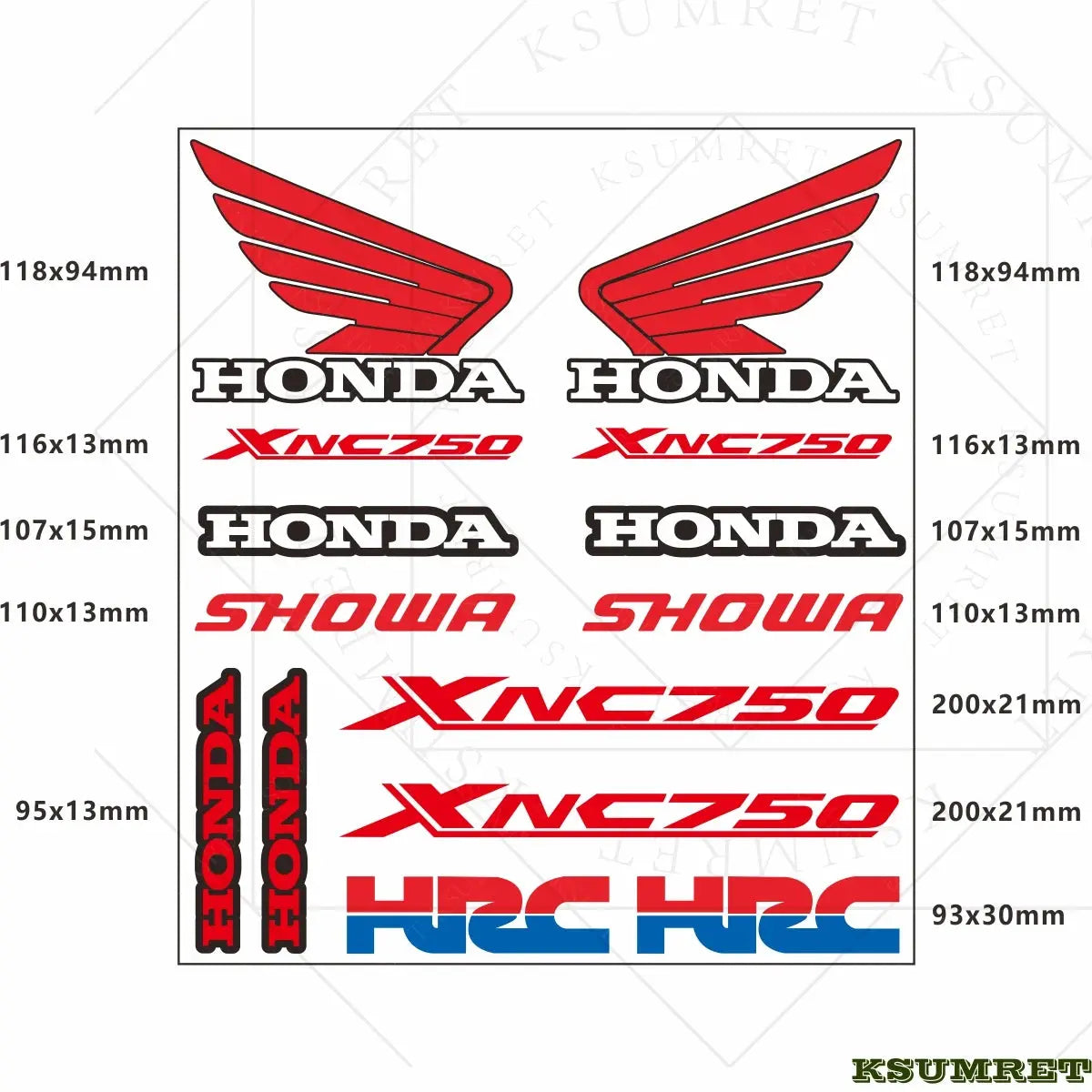 Honda NC750X Sticker Seti | HRC, Showa ve Kanat Logolu Full Grenaj Kiti Sticker Master