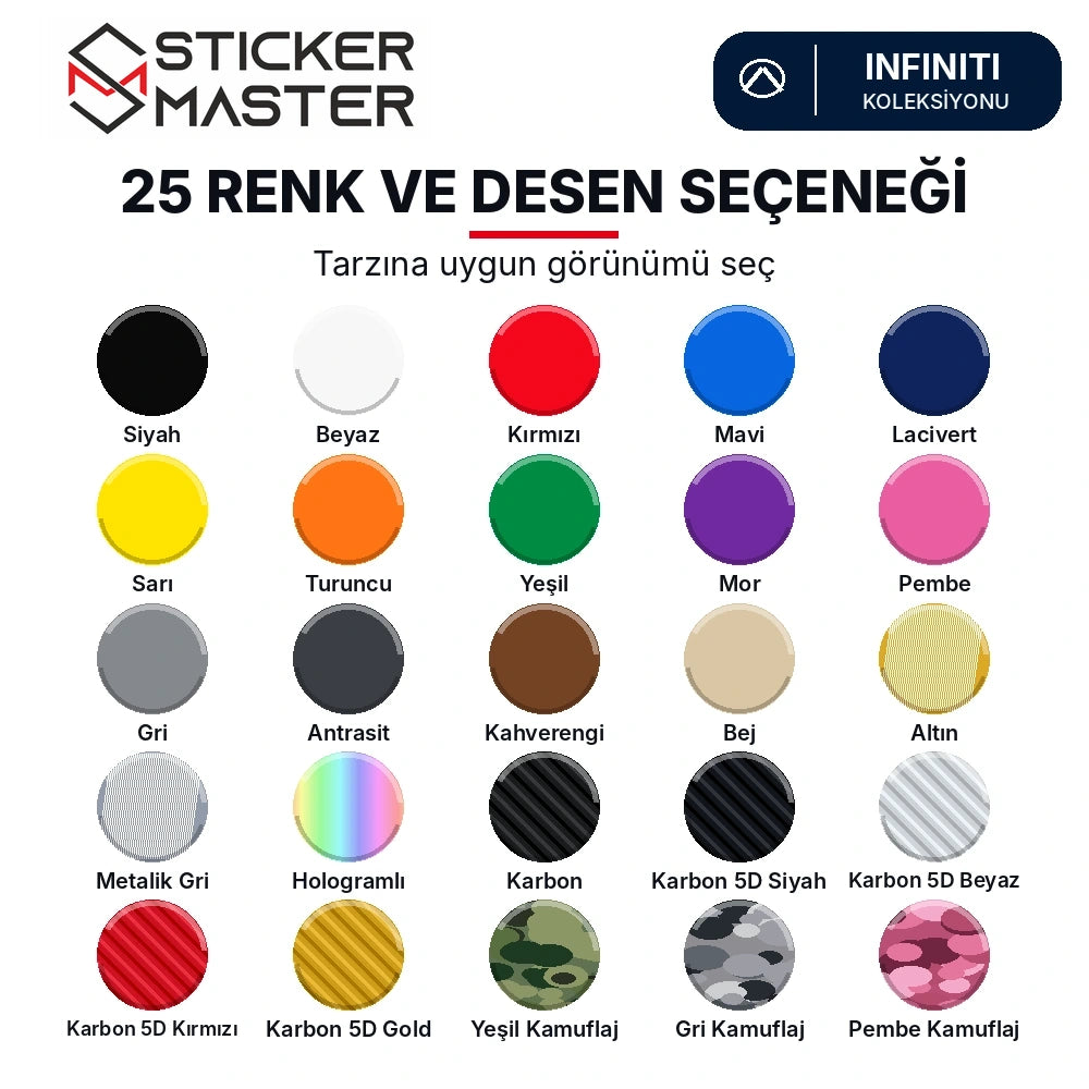 Infiniti kapı direği sticker setinin 25 renk ve desen seçeneği