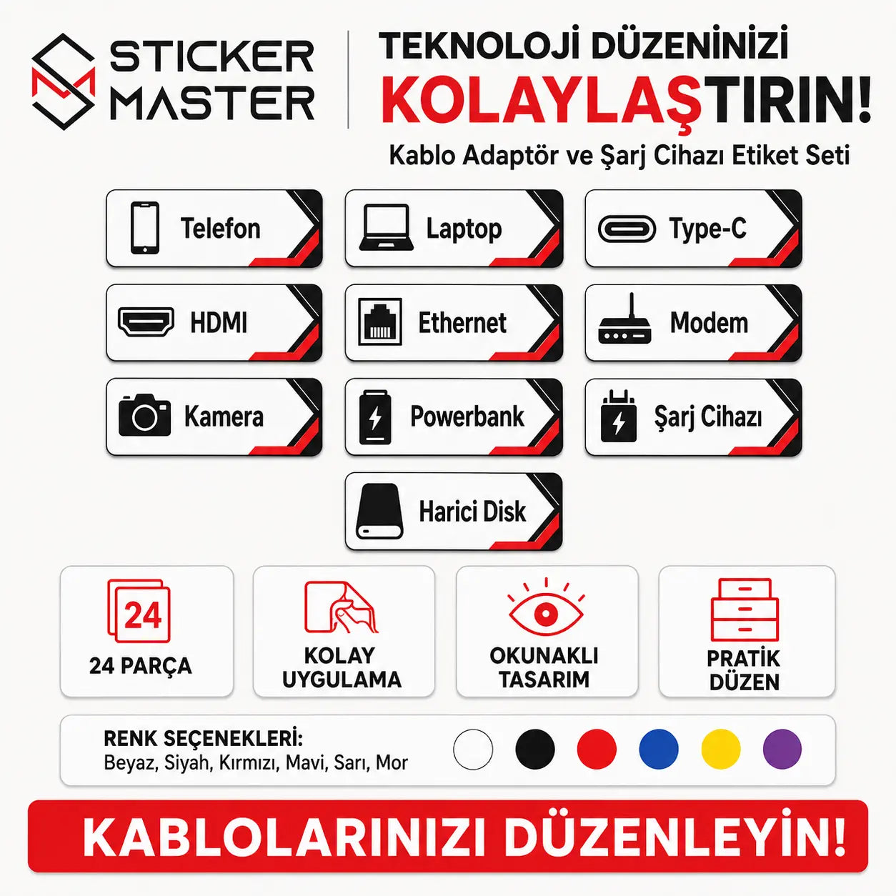 Kablo Adaptor ve Sarj Cihazi Etiket Seti detay