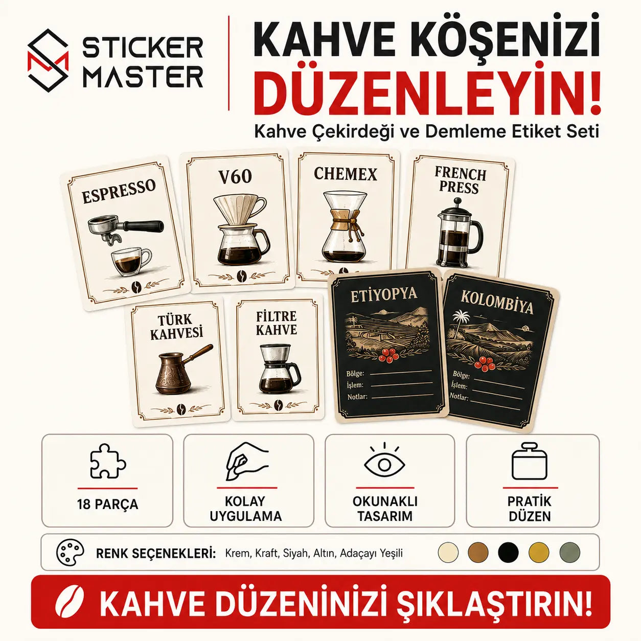Kahve Cekirdegi ve Demleme Etiket Seti