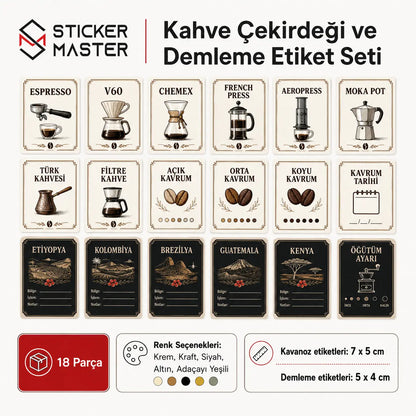 Kahve Cekirdegi ve Demleme Etiket Seti icerik