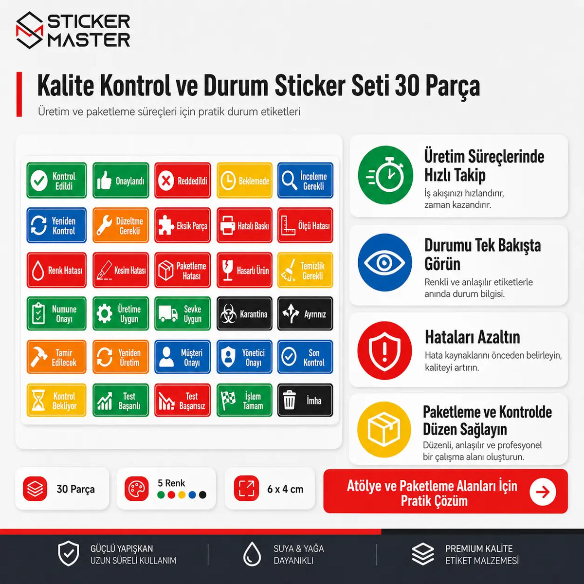 Kalite Kontrol ve Durum Sticker Seti 30 Parca Detay icerikler