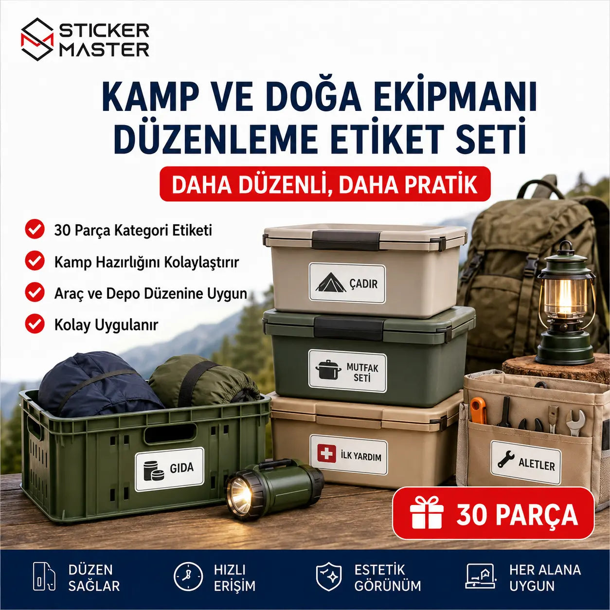 Kamp ve Doga Ekipmani Duzenleme Etiket Seti 30 Parca ads