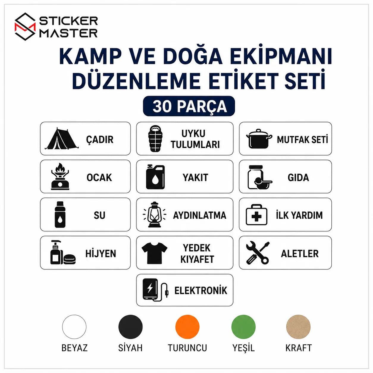 Kamp ve Doga Ekipmani Duzenleme Etiket Seti 30 Parca icerik
