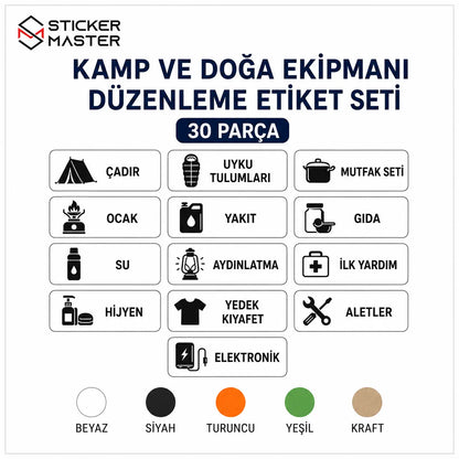 Kamp ve Doga Ekipmani Duzenleme Etiket Seti 30 Parca icerik