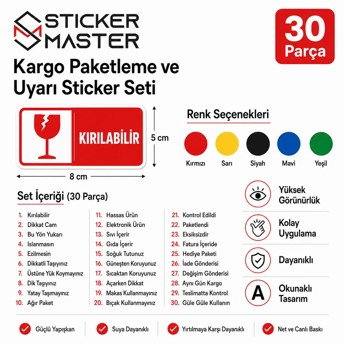 Kargo Paketleme ve Uyari Sticker Seti 30 Parca ads icerik