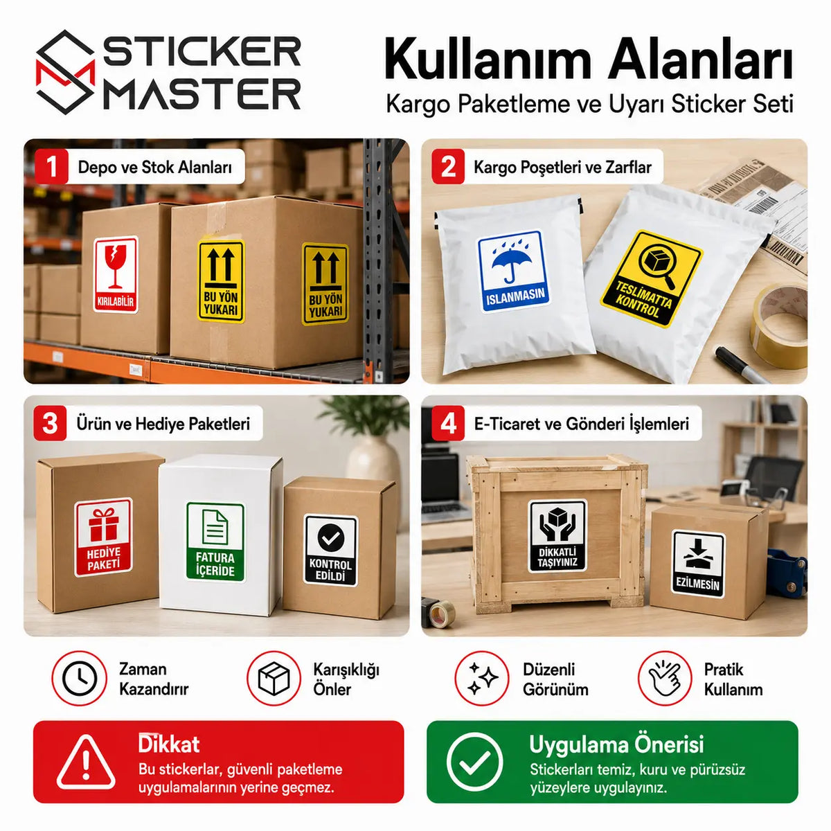 Kargo Paketleme ve Uyari Sticker Seti 30 Parca kullanim alanlari