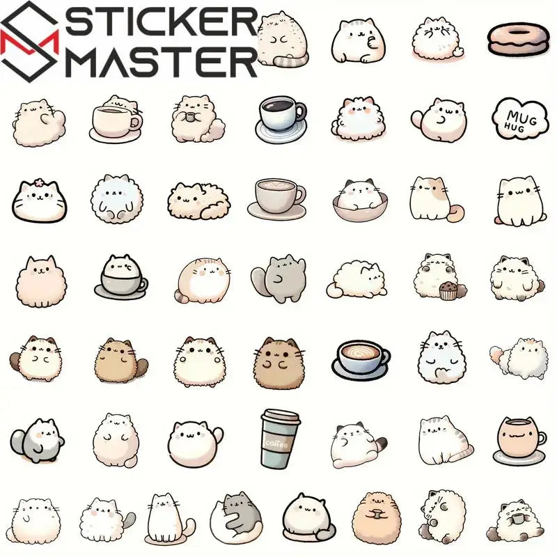 Sticker Master 50’li Kawaii Kedi & Kahve Sticker Seti Planlayıcılar, Laptoplar, Su Şişeleri ve DIY Defterler İçin Sevimli Çıkartmalar - Sticker Master