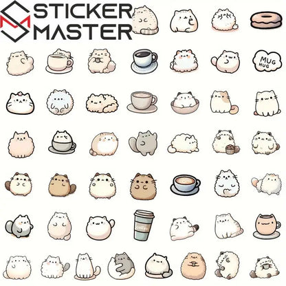 Sticker Master 50’li Kawaii Kedi & Kahve Sticker Seti Planlayıcılar, Laptoplar, Su Şişeleri ve DIY Defterler İçin Sevimli Çıkartmalar - Sticker Master
