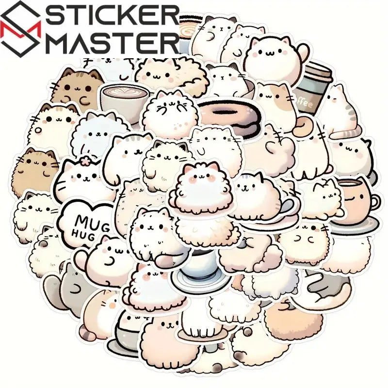 Sticker Master 50’li Kawaii Kedi & Kahve Sticker Seti Planlayıcılar, Laptoplar, Su Şişeleri ve DIY Defterler İçin Sevimli Çıkartmalar - Sticker Master