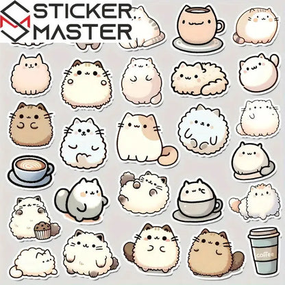 Sticker Master 50’li Kawaii Kedi & Kahve Sticker Seti Planlayıcılar, Laptoplar, Su Şişeleri ve DIY Defterler İçin Sevimli Çıkartmalar - Sticker Master
