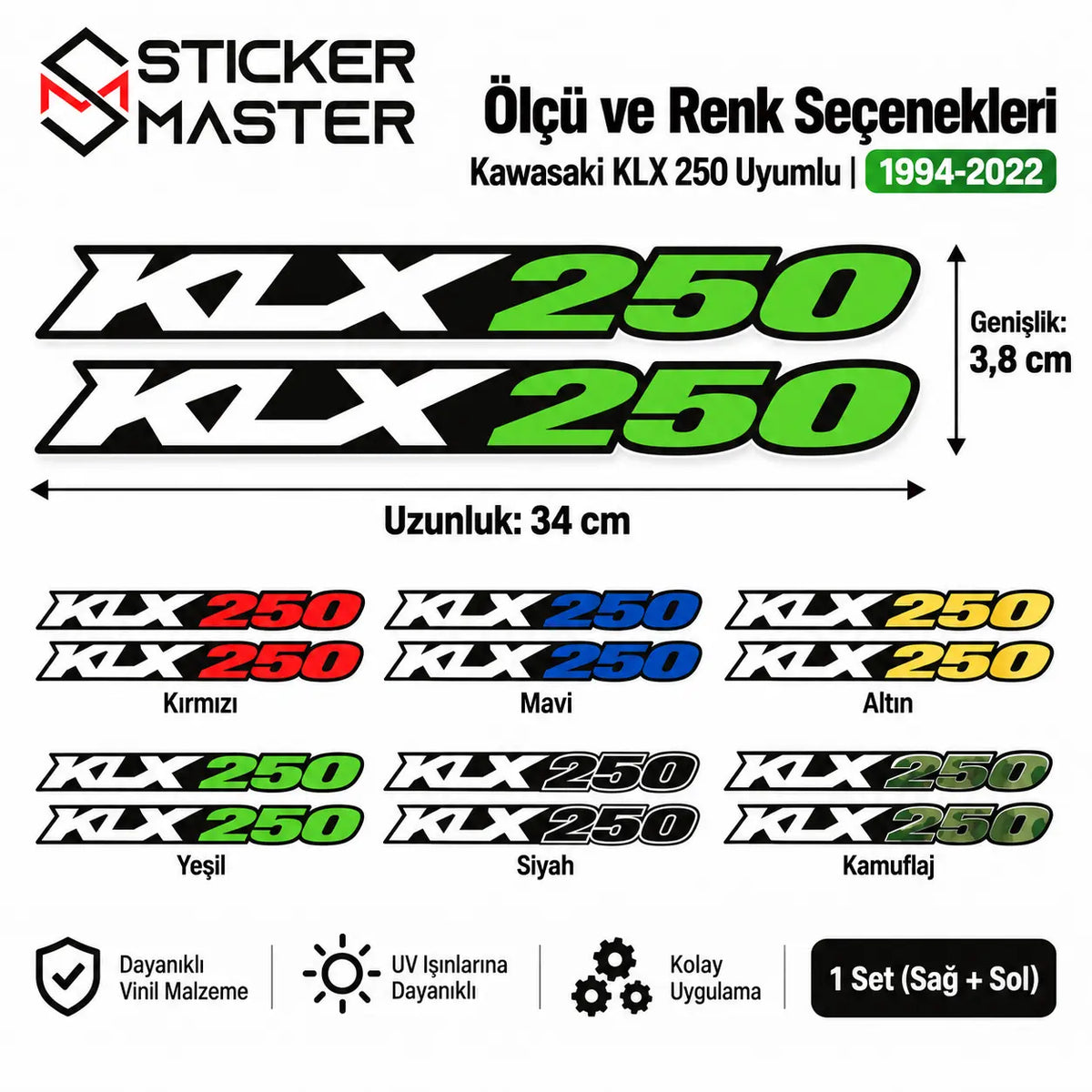 Kawasaki KLX 250 Uyumlu Salincak Sticker Seti | 1994-2022 olcu
