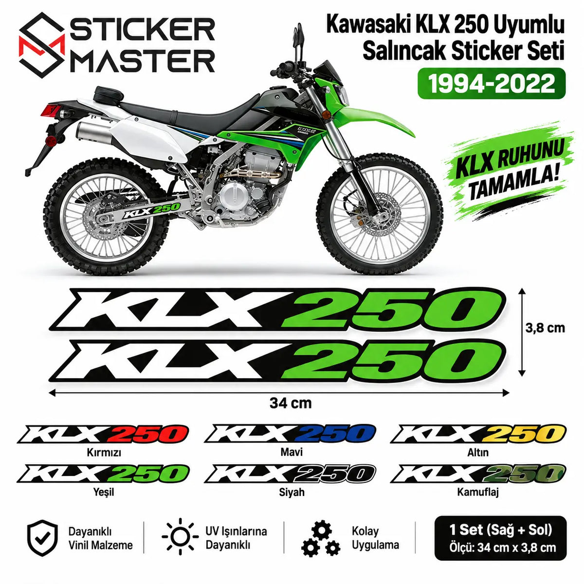 Kawasaki KLX 250 Uyumlu Salincak Sticker Seti | 1994-2022 olcu renk