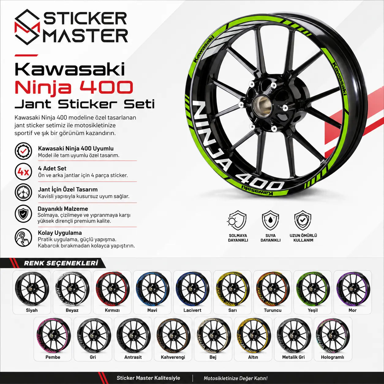 Kawasaki Ninja 400 Uyumlu Jant Sticker Seti - 4 Adet renk