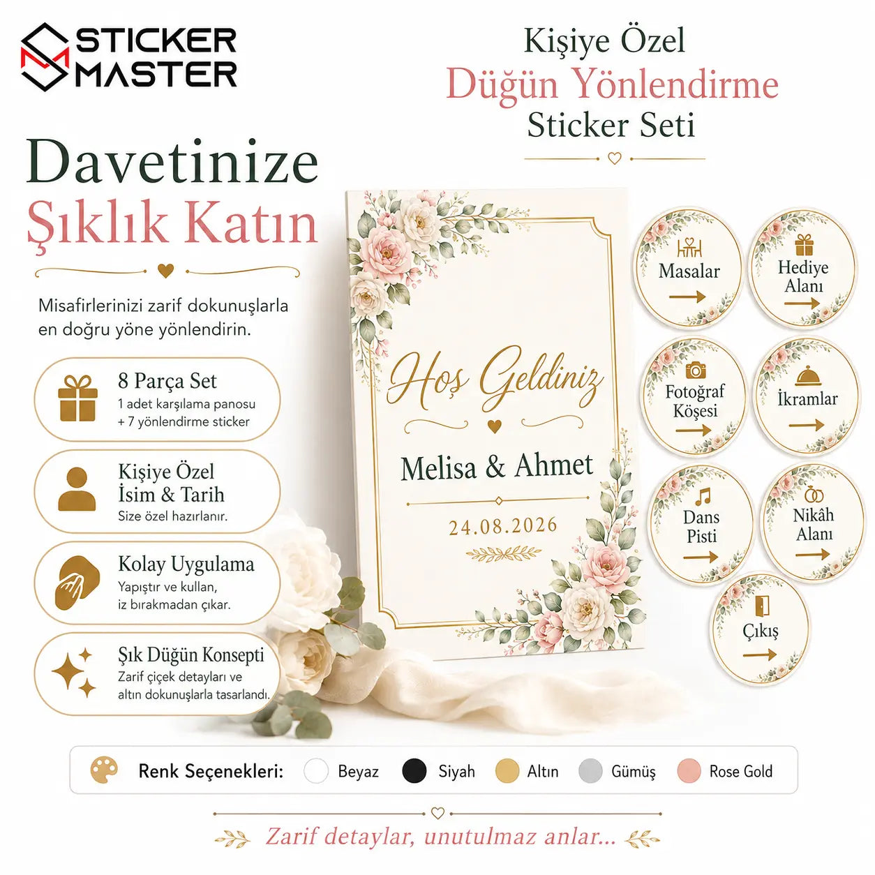 Kişiye Özel Düğün Yönlendirme Sticker Seti detaylar