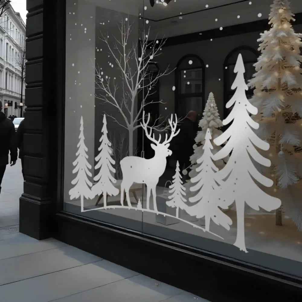 Kış Temalı Vitrin Stickerı Cam Geyik ve Ağaç Süsü İş Yeri | Sticker Master - Sticker Master
