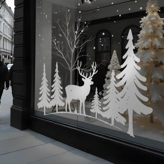 Kış Temalı Vitrin Stickerı Cam Geyik ve Ağaç Süsü İş Yeri | Sticker Master - Sticker Master