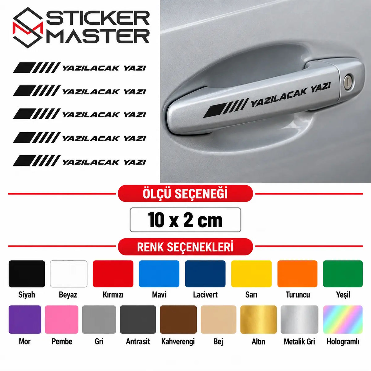 Kisiye Ozel Kapi Kolu Sticker – Isim ve Yazi | Tum Araclara Uyumlu renkler detay