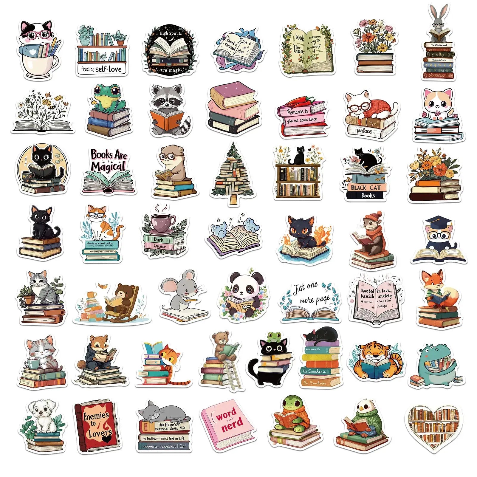 50’li Sevimli Kitap Okuyan Hayvan Sticker Seti | Sticker Master - Sticker Master