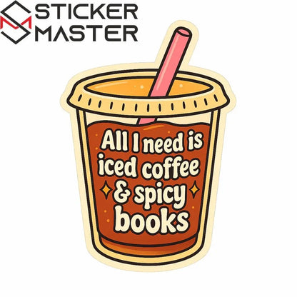 Sticker Master “Tek İhtiyacım Buzlu Kahve & Ateşli Kitaplar” Sticker-3 Adet– 5 cm Su Geçirmez Vinil Çıkartma (Laptop, Kindle, Su Şişesi, Kitap) - Sticker Master