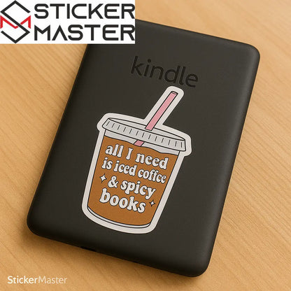 Sticker Master “Tek İhtiyacım Buzlu Kahve & Ateşli Kitaplar” Sticker-3 Adet– 5 cm Su Geçirmez Vinil Çıkartma (Laptop, Kindle, Su Şişesi, Kitap) - Sticker Master