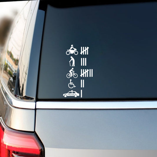 Komik hit count araç sticker – motosiklet, bisiklet, polis ikonlu mizah çıkartması
